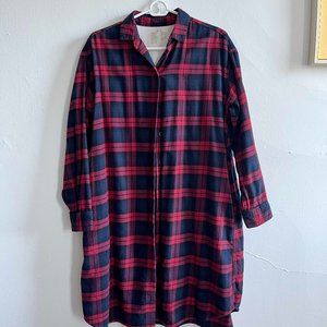 MUJI Red-Navy Plaid Long Flannel Shirt/Dress with pockets (XS-S)